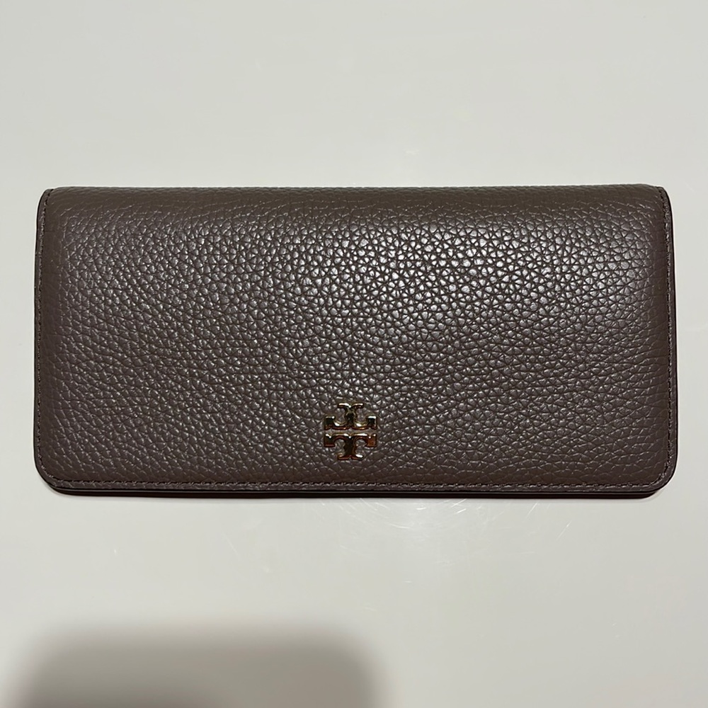 Tory Burch taupe slim snap wallet